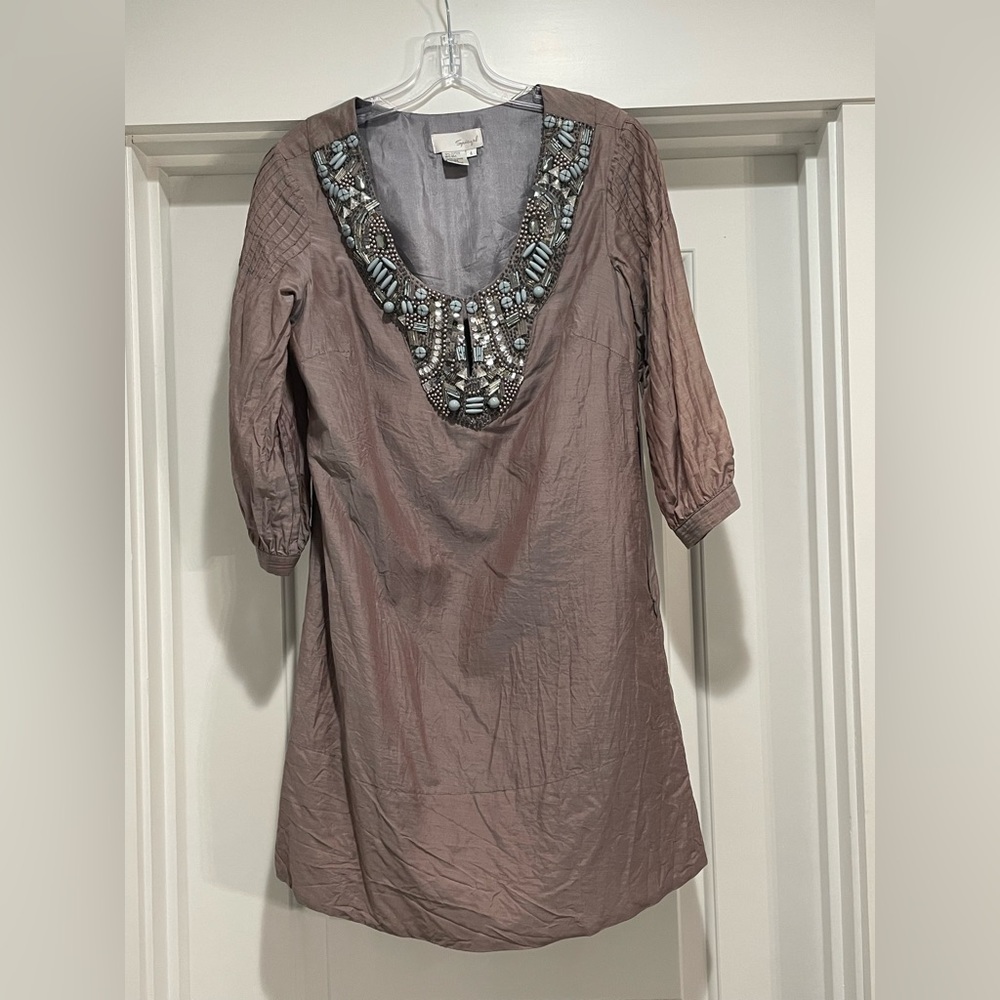 Cotton and silk long sleeve dress with beading pretty pewter color